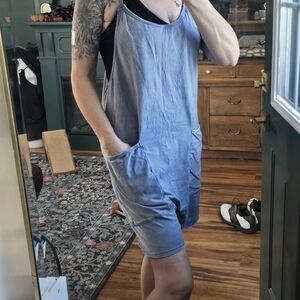Casual Blue Washed Romper with Pockets